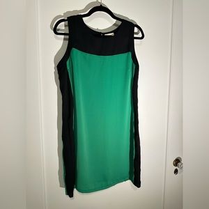 Rhyme Black and Green sheath dress with keyhole neck and button closure.  Size M